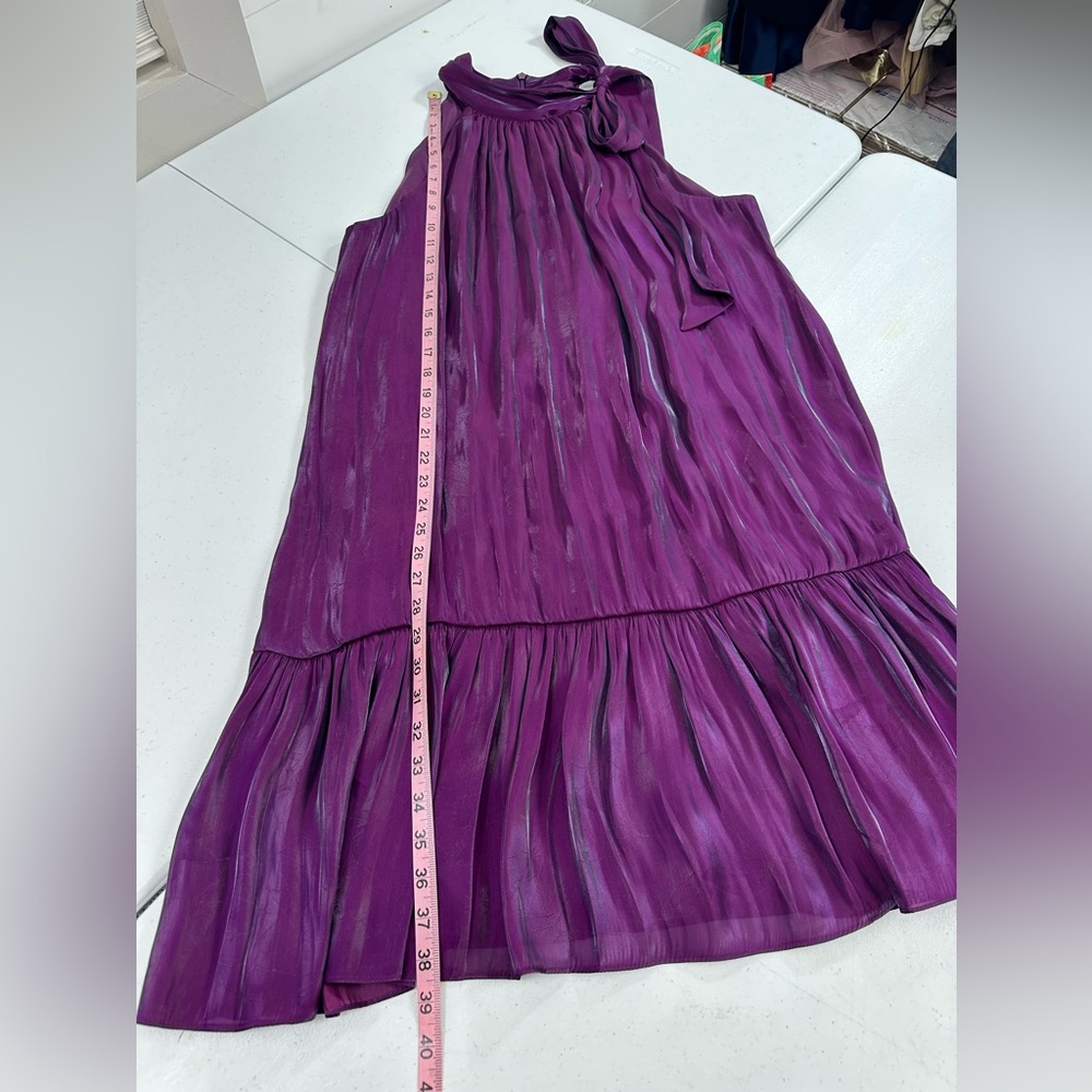 Anne Klein Iridescent Tiered Shift Dress Bow Tie Neck Party Cocktail Purple Bloo - Picture 8 of 15